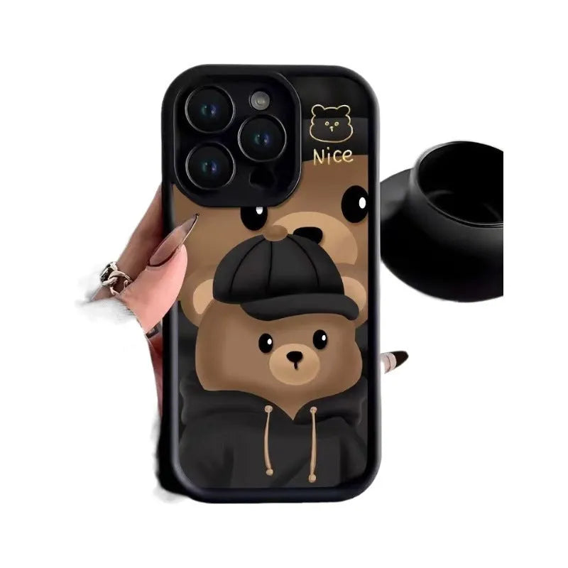 TPU phone case with cute bear design for Apple iPhone 7 to 15 series, available in three colours