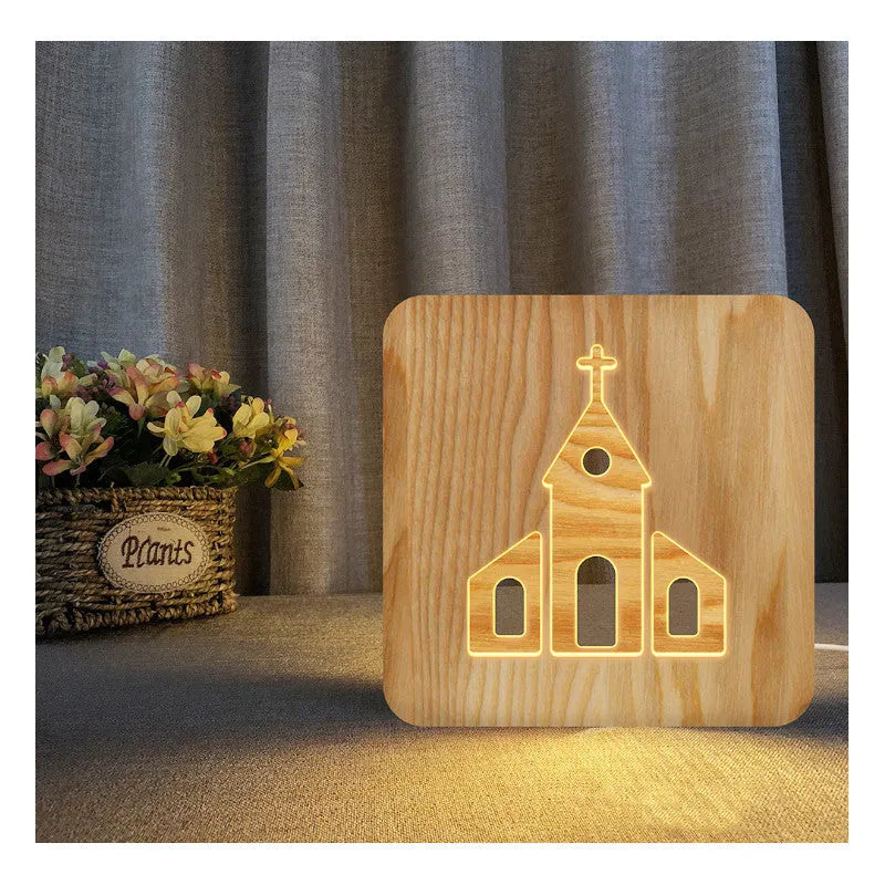 Solid wood hollow night lamp with warm white LED light and USB power cable