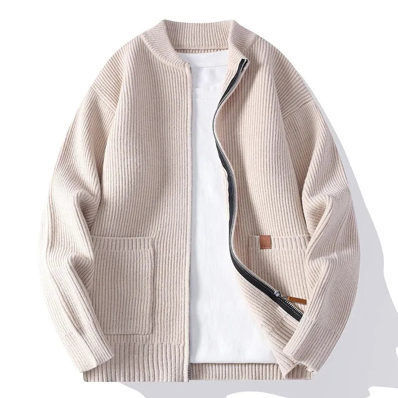Men's straight-fit striped sweater cardigan in a choice of five colours on a size chart.