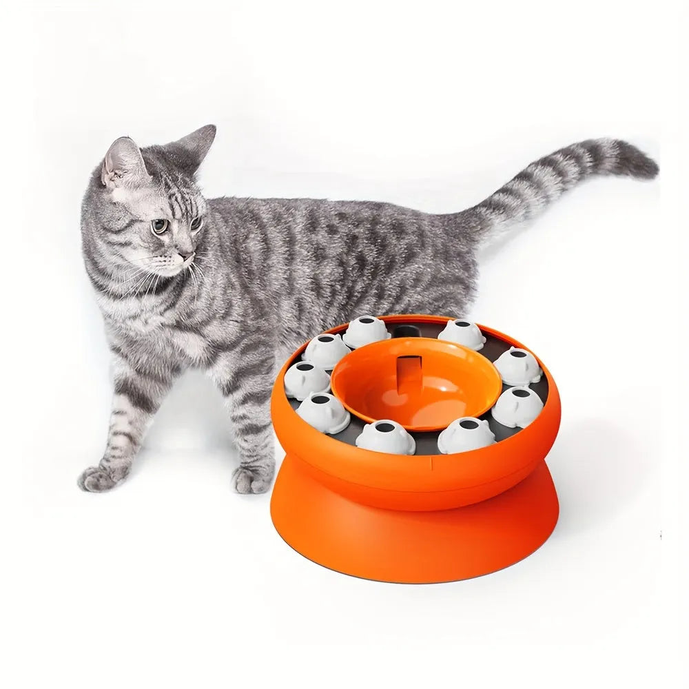 Interactive cat slow feeder raised bowl 15-degree tilt orange colour 210x210x121mm