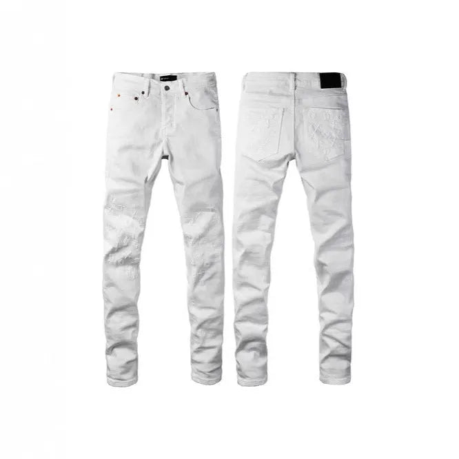 Black men's slim fit skinny jeans with a straight leg and button-fly cardigan opening.