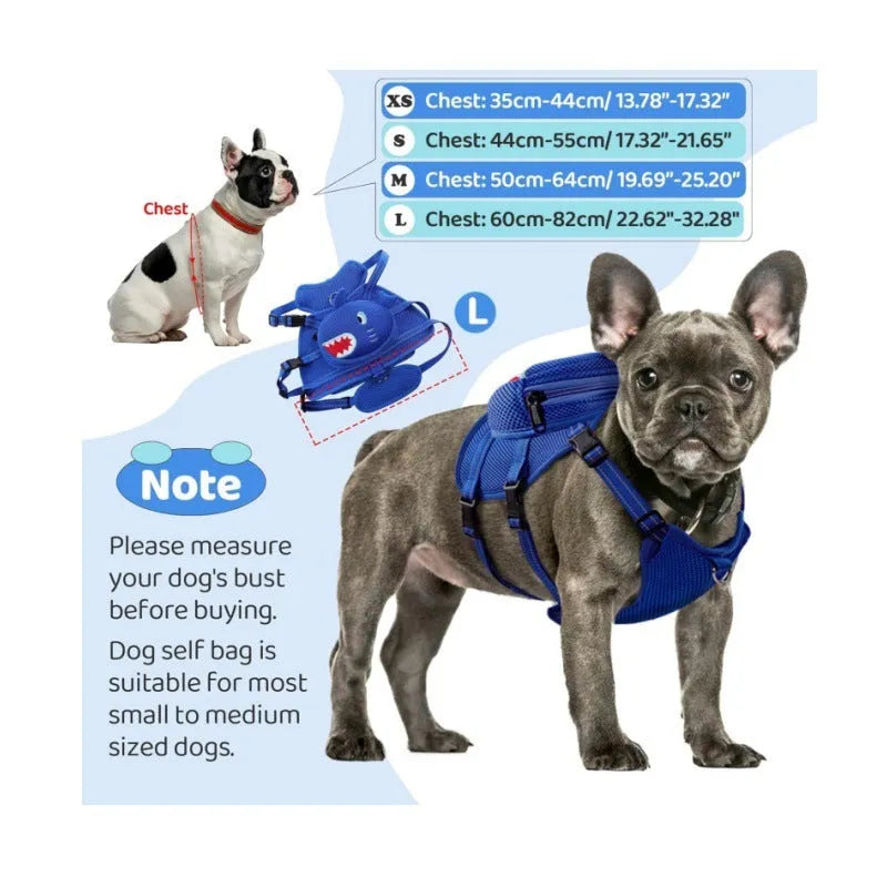 Adjustable polyester pet dog breast strap backpack with cartoon animal pattern, blue option, 10x10x3cm size