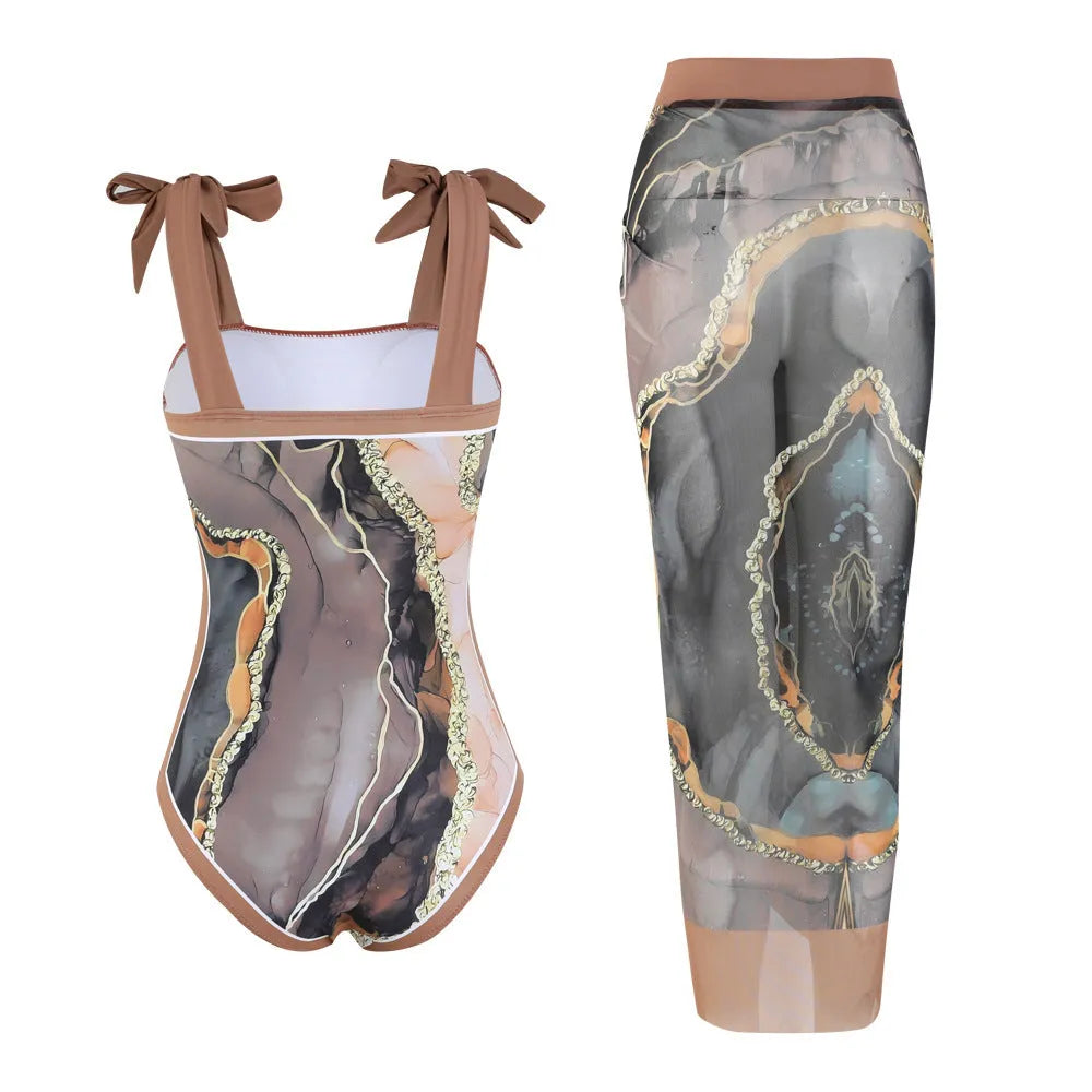 Floral print conservative one-piece swimsuit with mesh tube top and matching skirt in polyester