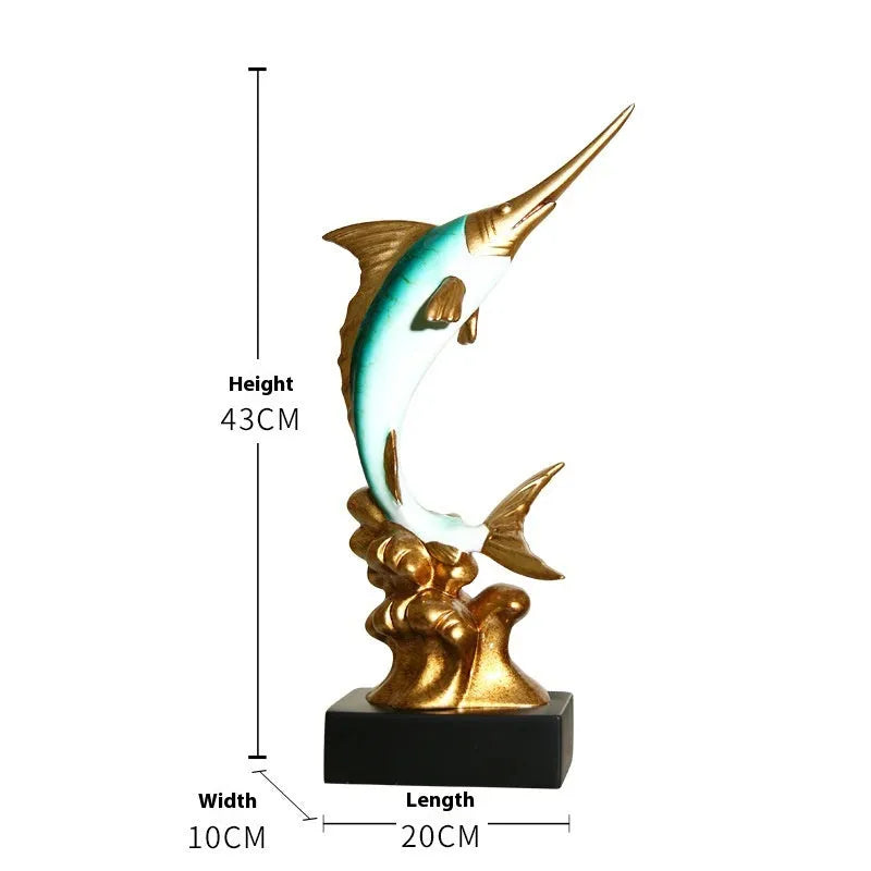 European-style resin swordfish decorative ornament in a choice of four colours on a shelf.