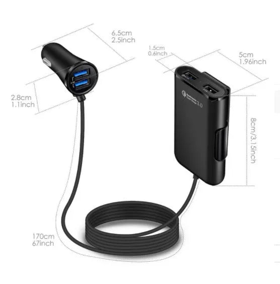 4 USB car charger with cable and clip, black or white, QC3.0, 1.7m cable