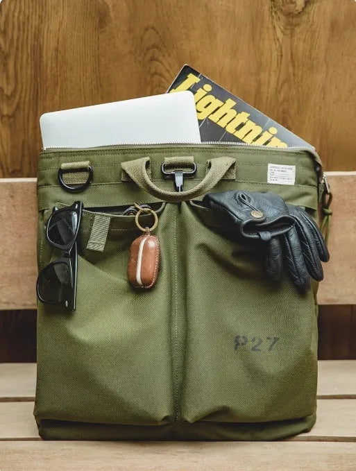 Marden Tooling medium canvas messenger bag in military green with crossbody strap and hard handle