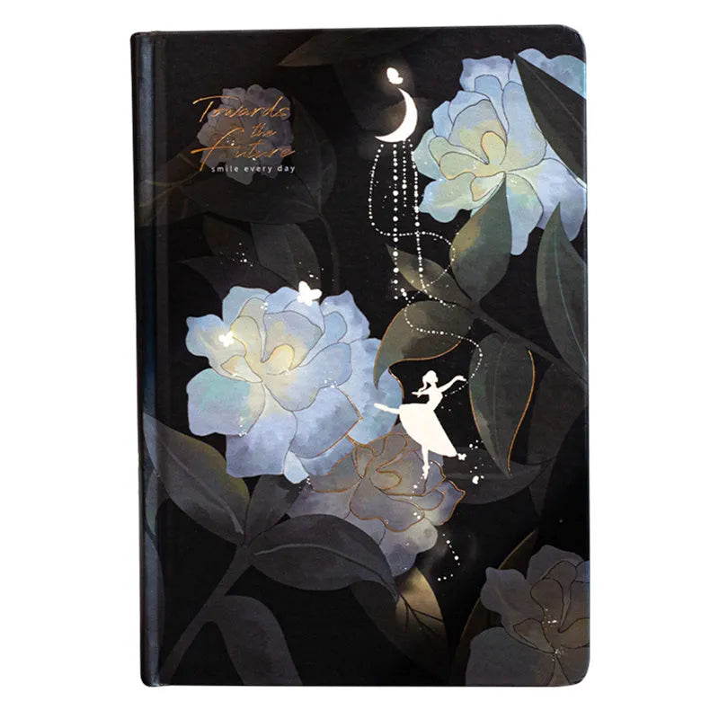 A5 notebook with luminous reflective cover open to show pages with colourful illustrated backgrounds.