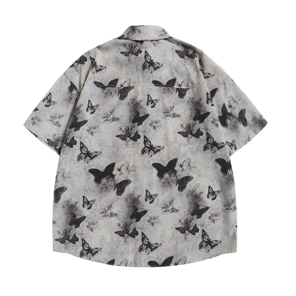 Loose half sleeve top with butterfly pattern in gray or khaki, polyester, sizes M L XL