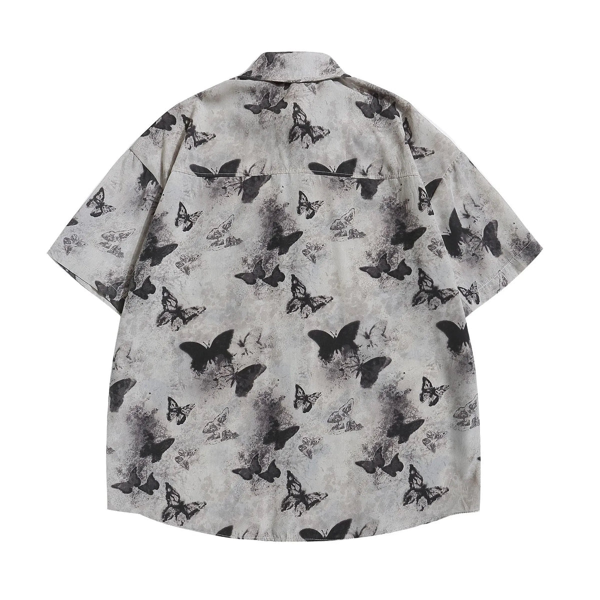 Loose half sleeve top with butterfly pattern in gray or khaki, polyester, sizes M L XL