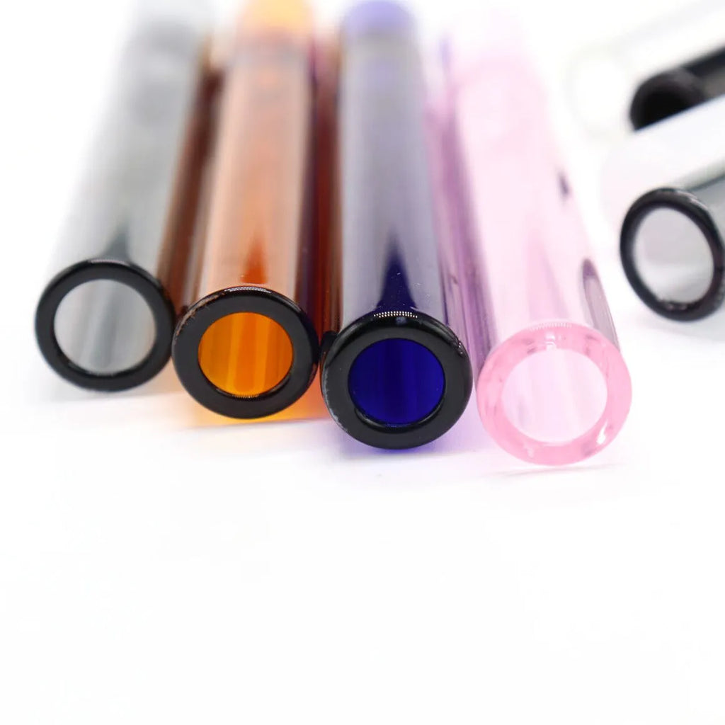 Clear pink telescopic glass smoke pipe with straight suction nozzle extended.