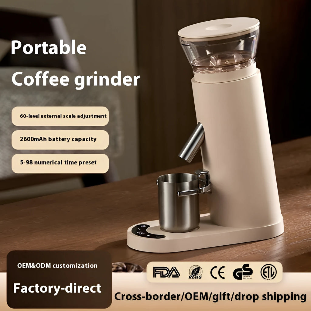 Portable automatic electric coffee grinder in stainless steel, showing style options in beige or black.