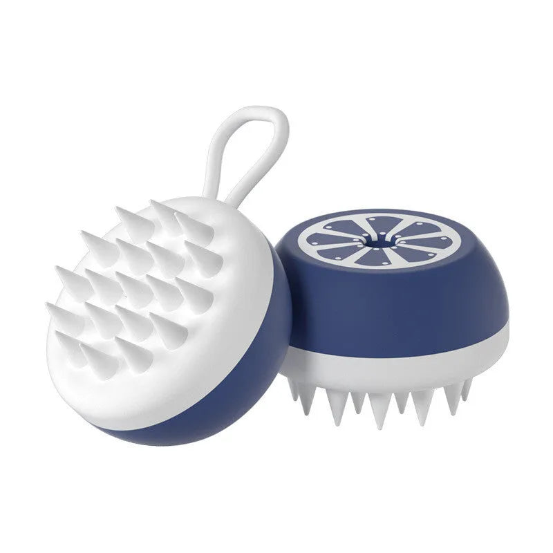 Yellow silicone pet bath brush with comb teeth and massage nodes on a 2-in-1 head.