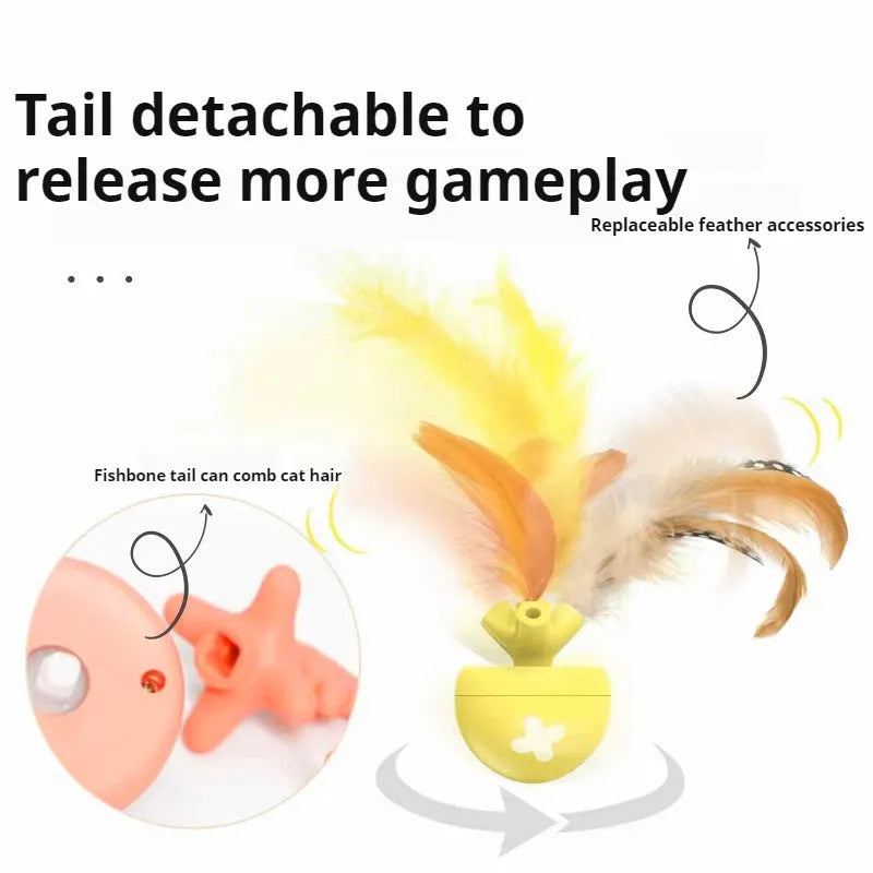 USB electric cat teasing ball with fish bone design and replaceable feather stick in blue, pink, and yellow colours