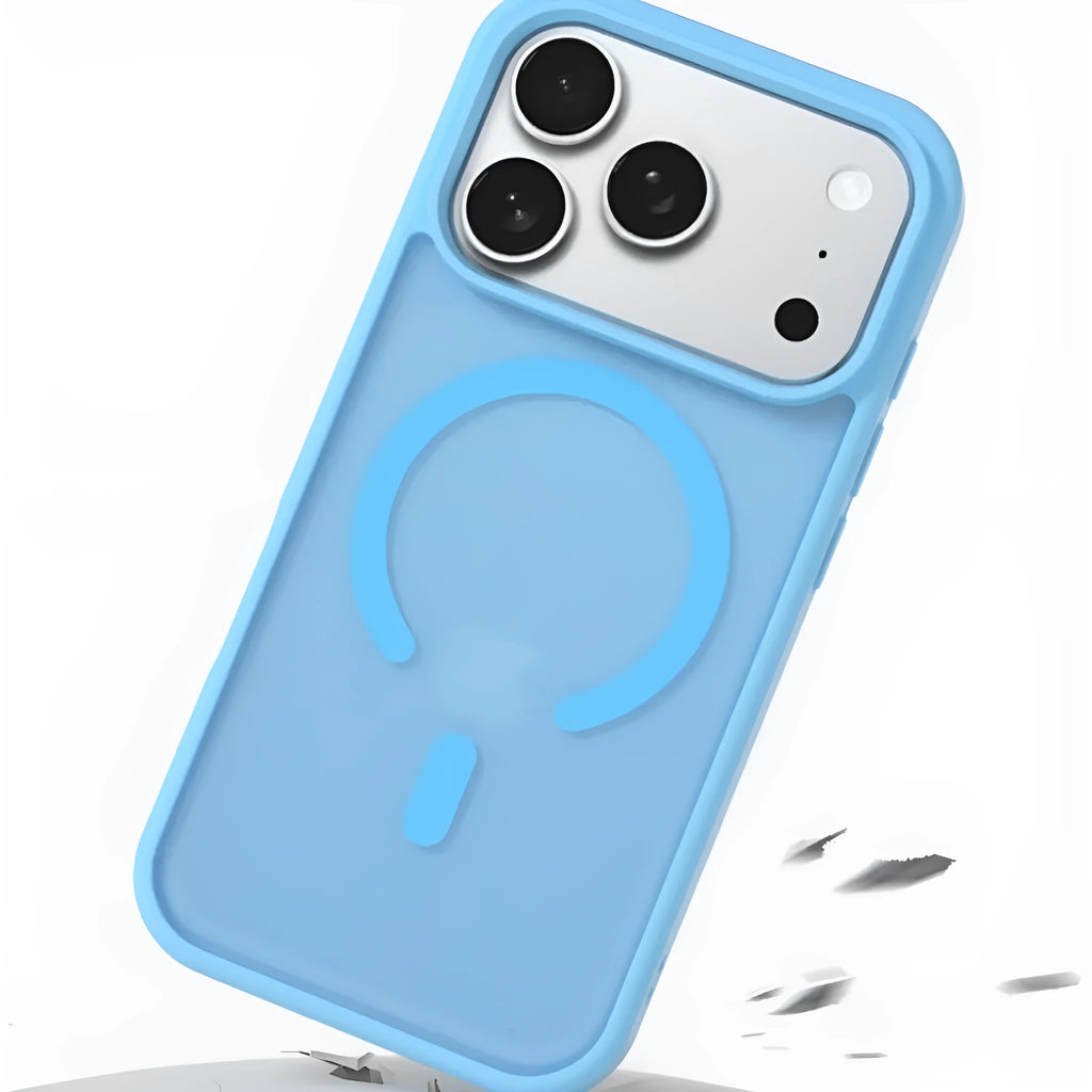Frosted translucent magnetic phone case for iPhone showing anti-fingerprint finish and colour options black, white, gray, blue, purple