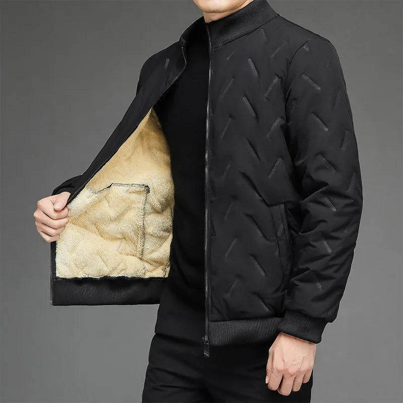 Men's fleece-lined stand collar cotton-padded coat in khaki, polyester fill, cold weather wear