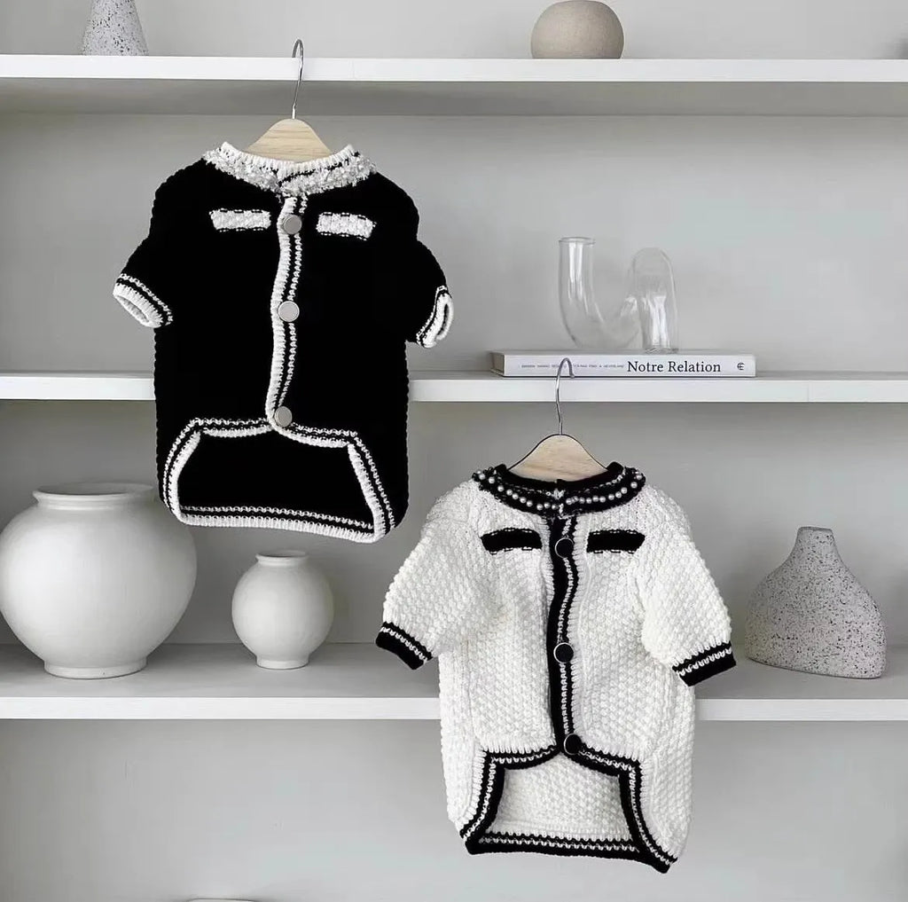 Korean style puppy clothes pearl collar sweater for small dogs in black or white with princess design