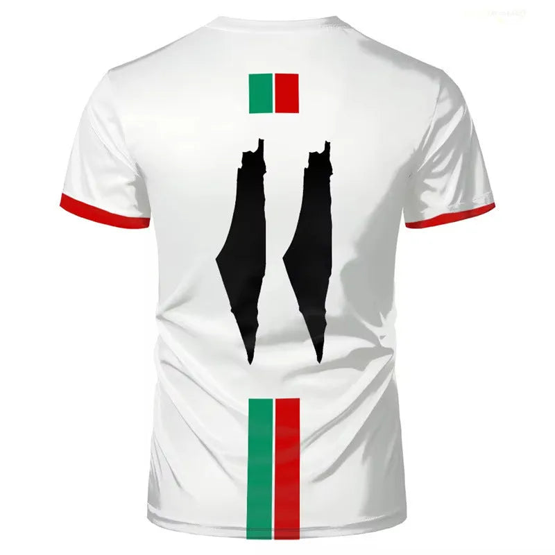 Black 3D printed graphic football t-shirt on a hanger, showing the textured design and short sleeves.