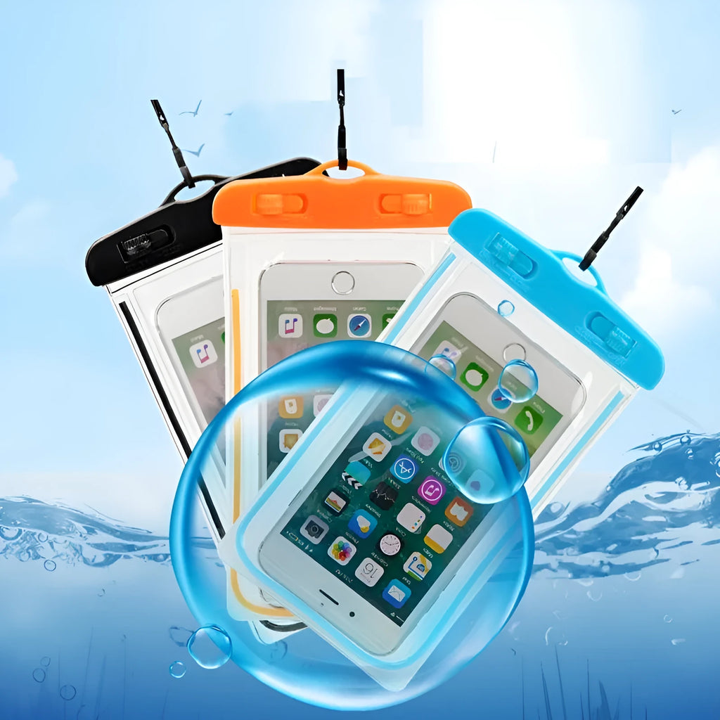 Waterproof universal phone case in multiple colours showing touch screen compatibility for outdoor water sports