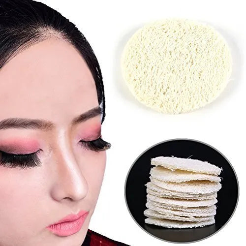 Pack of 10 natural loofah makeup removing tissues 6x6cm on white background