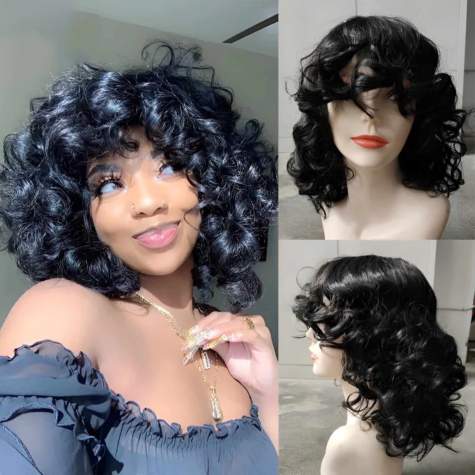 Women's black synthetic Afro wig with long curly hair and high temperature fiber material