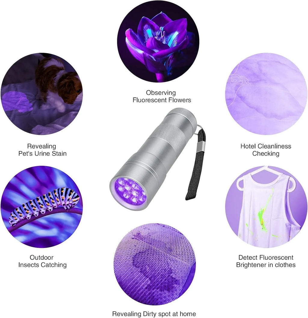 Black aluminium alloy UV flashlight with tail switch for detecting stains and pests.