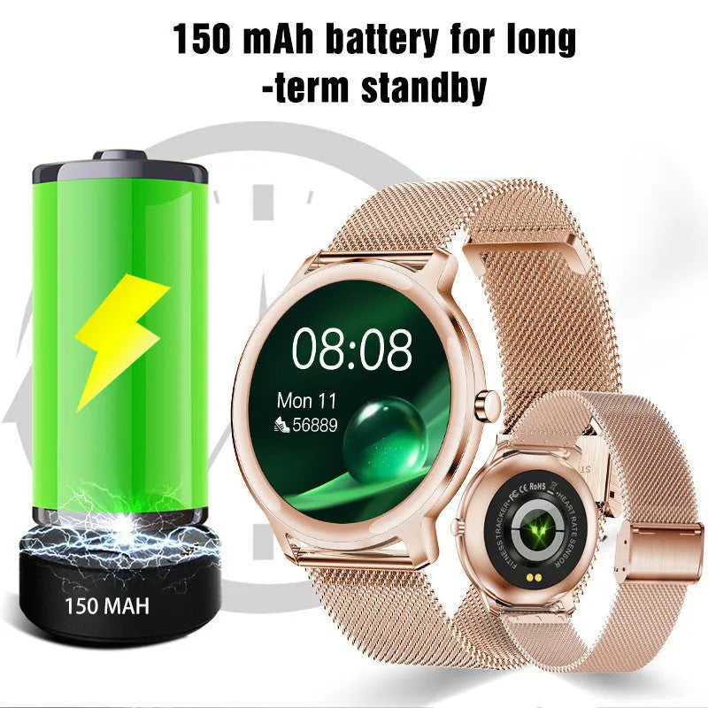 Women's rose gold smart watch with stainless steel mesh strap showing 1.3-inch touch screen display