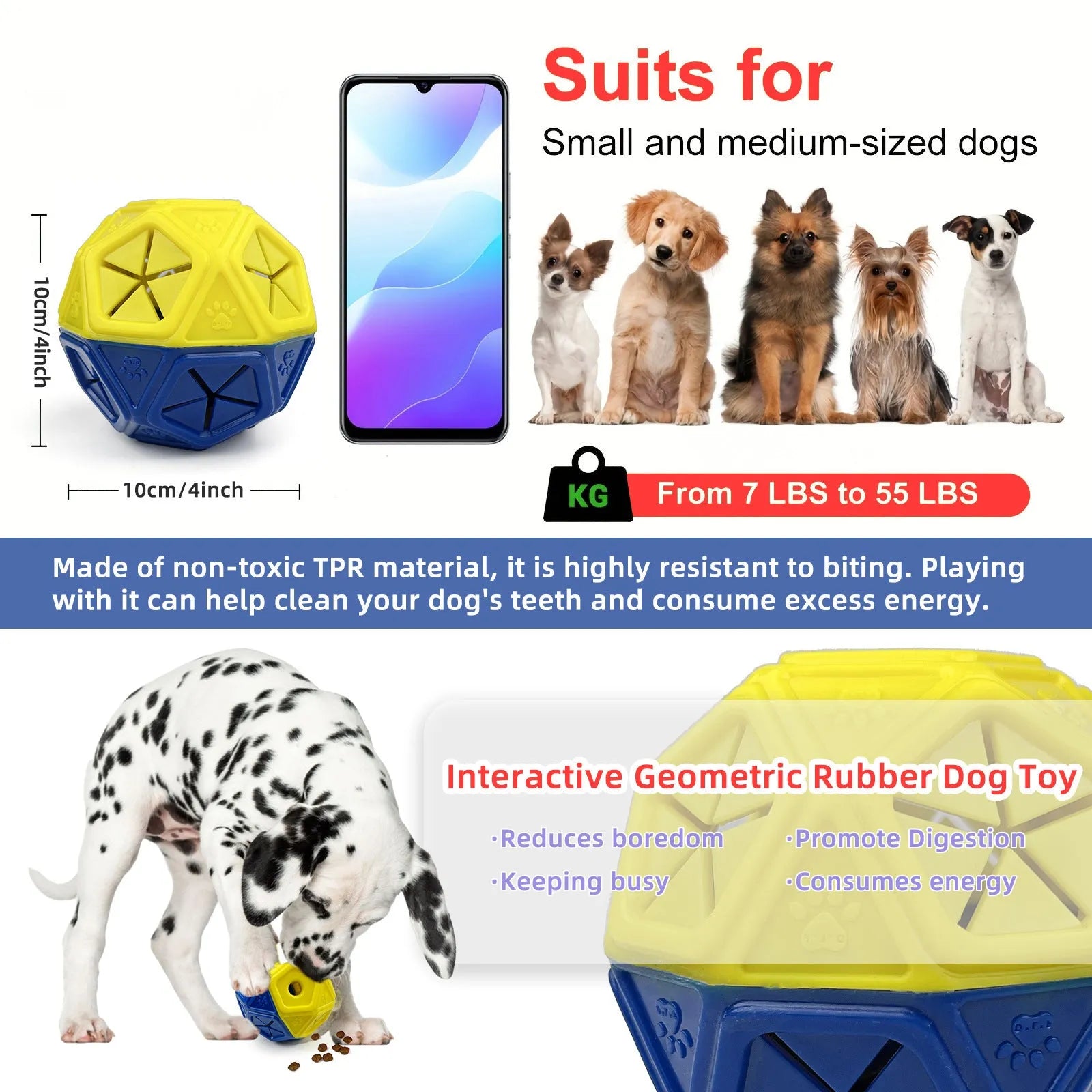 Blue and red hollow dog puzzle ball for treat dispensing and interactive play