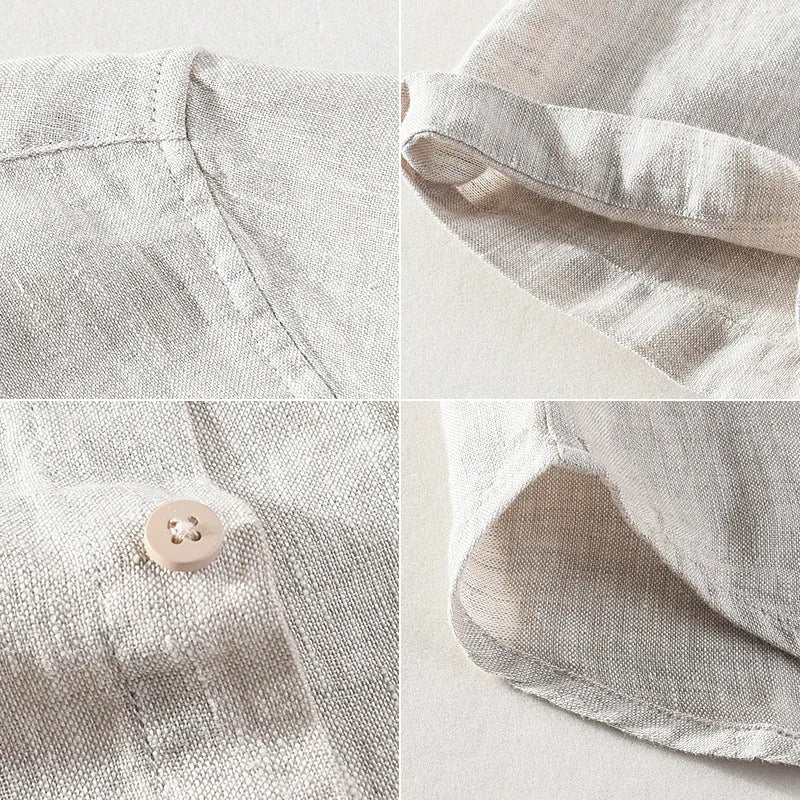 Men's square collar short sleeve linen shirt in raw jute colour, laid flat.