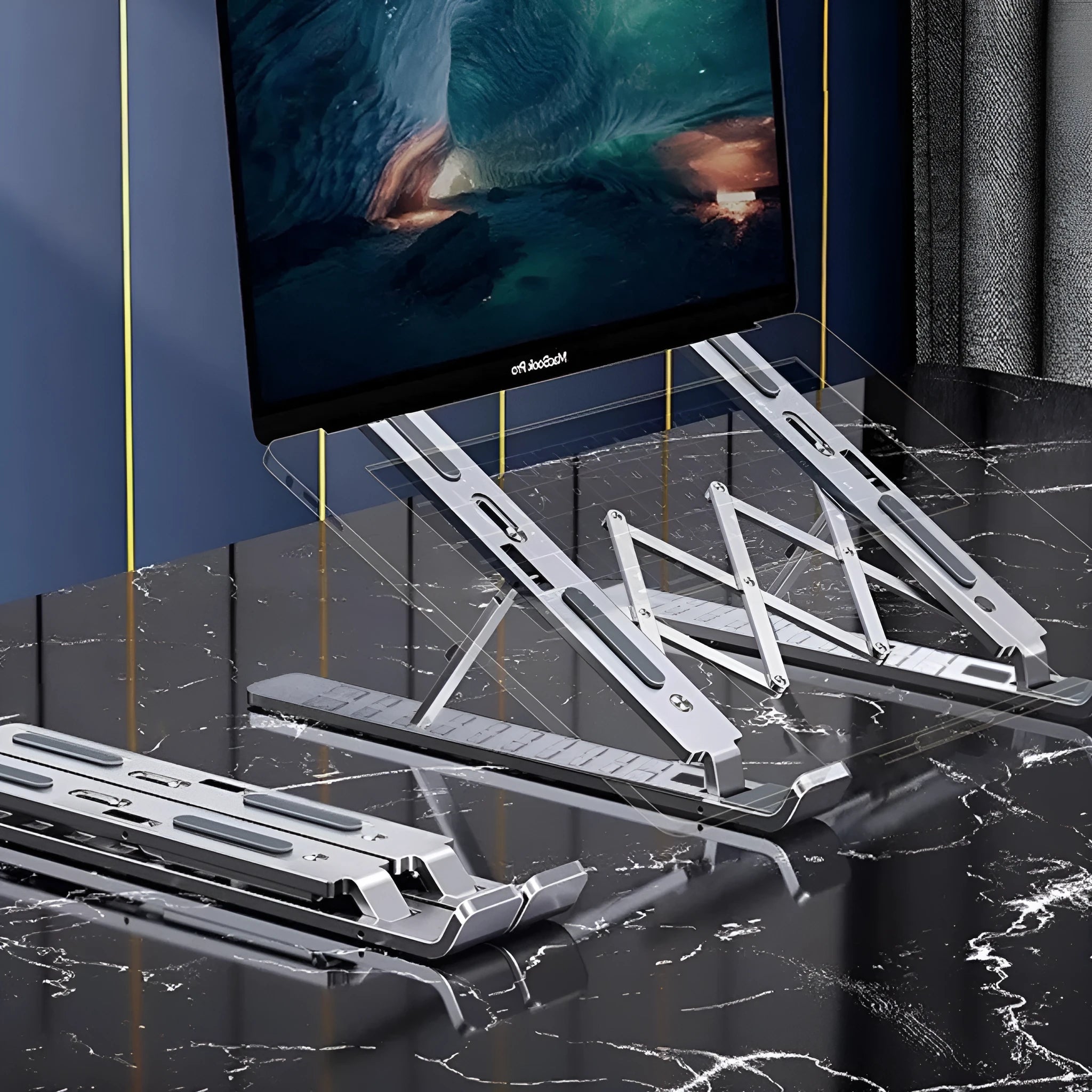 Aluminium alloy three-fork laptop cooling stand with adjustable lifting type in silver