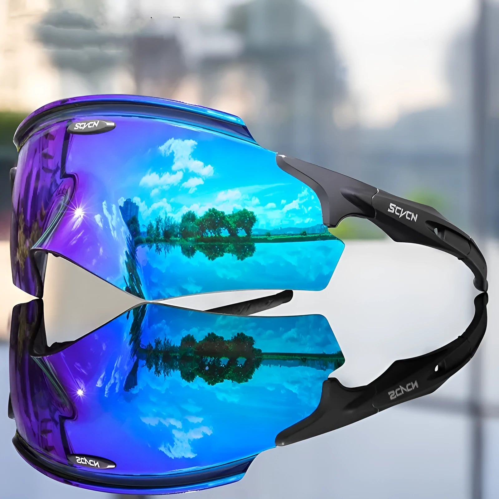 Frameless windproof sports glasses with a colourful integrated lens, shown in a 02 style colour.