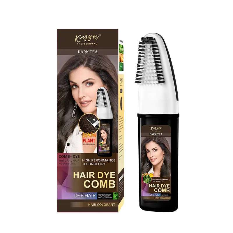 Hair dye kit with comb applicator in Brown, Dark Brown, and Wine Red 200ML bottles.