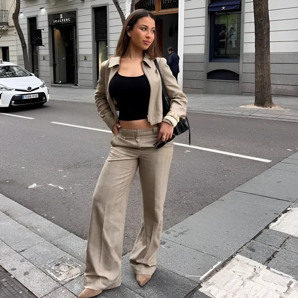 Women's herringbone pattern polyester suit set with 3D embroidery on jacket and trousers