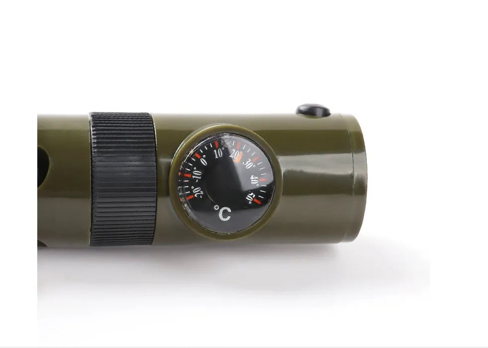 Outdoor professional seven-in-one multifunctional survival whistle in army green 98x29mm