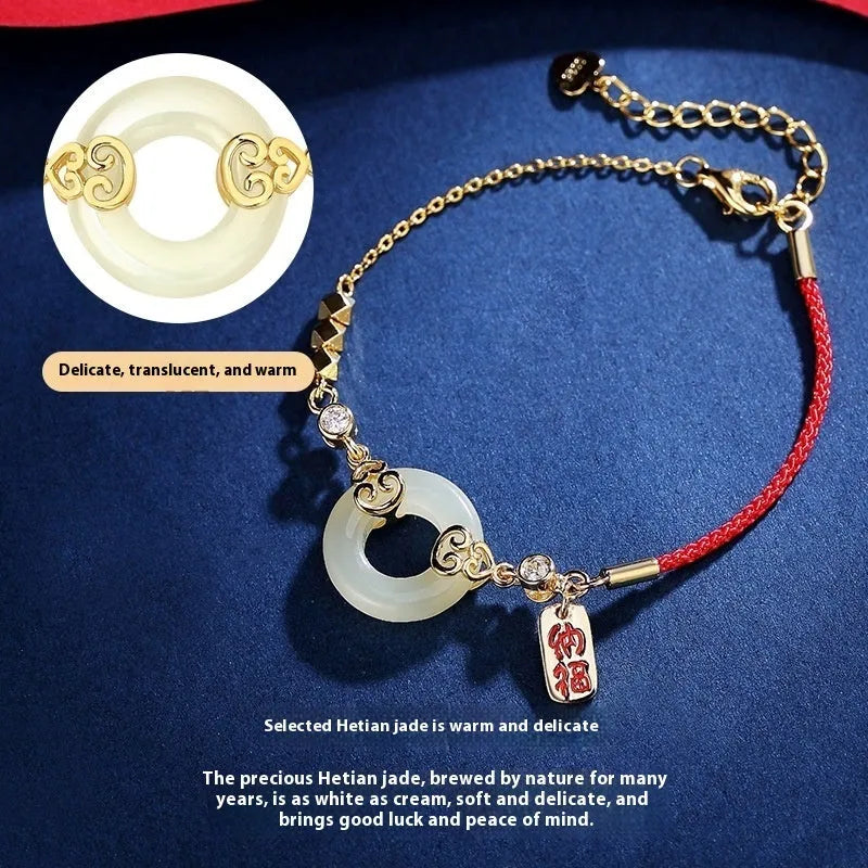 Hetian jade and 925 sterling silver jewellery set including bracelet, necklace, and earrings with Chinese Fu Lu Shou motifs.