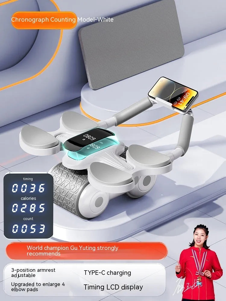 White belly roller fitness equipment with LED timing screen for abdominal contraction exercises