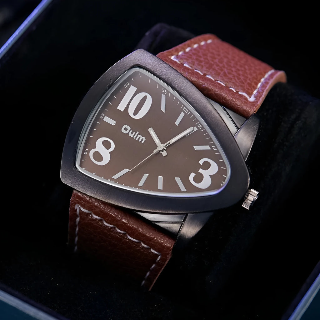Men's casual brown triangle belt quartz watch with a 9mm thick case on a wrist.