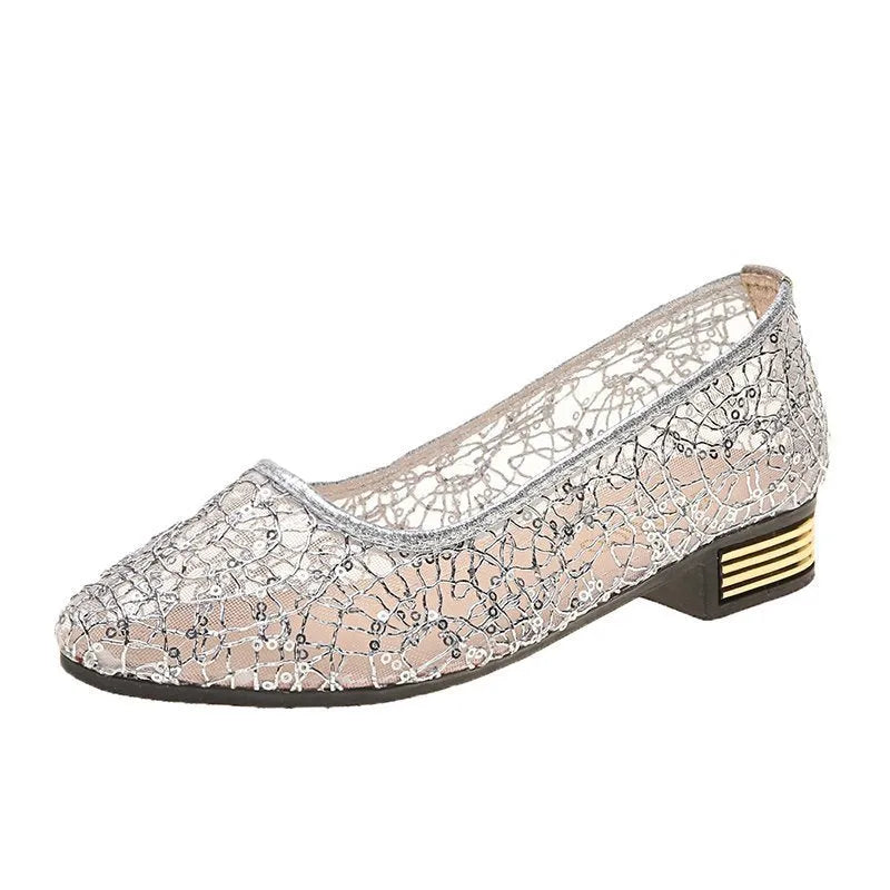Women's low-cut summer casual flats in solid silver or gold, breathable microfiber and composite, sizes 35-42