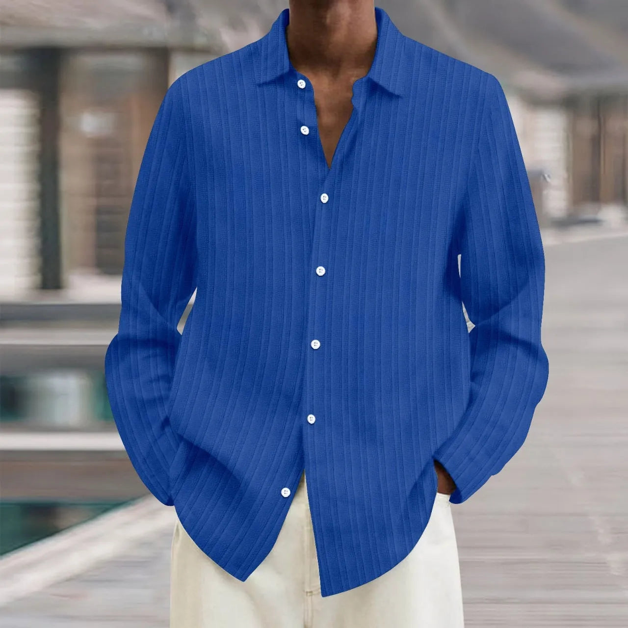 British style striped men's cardigan long sleeve shirt in flat mop cloth fabric
