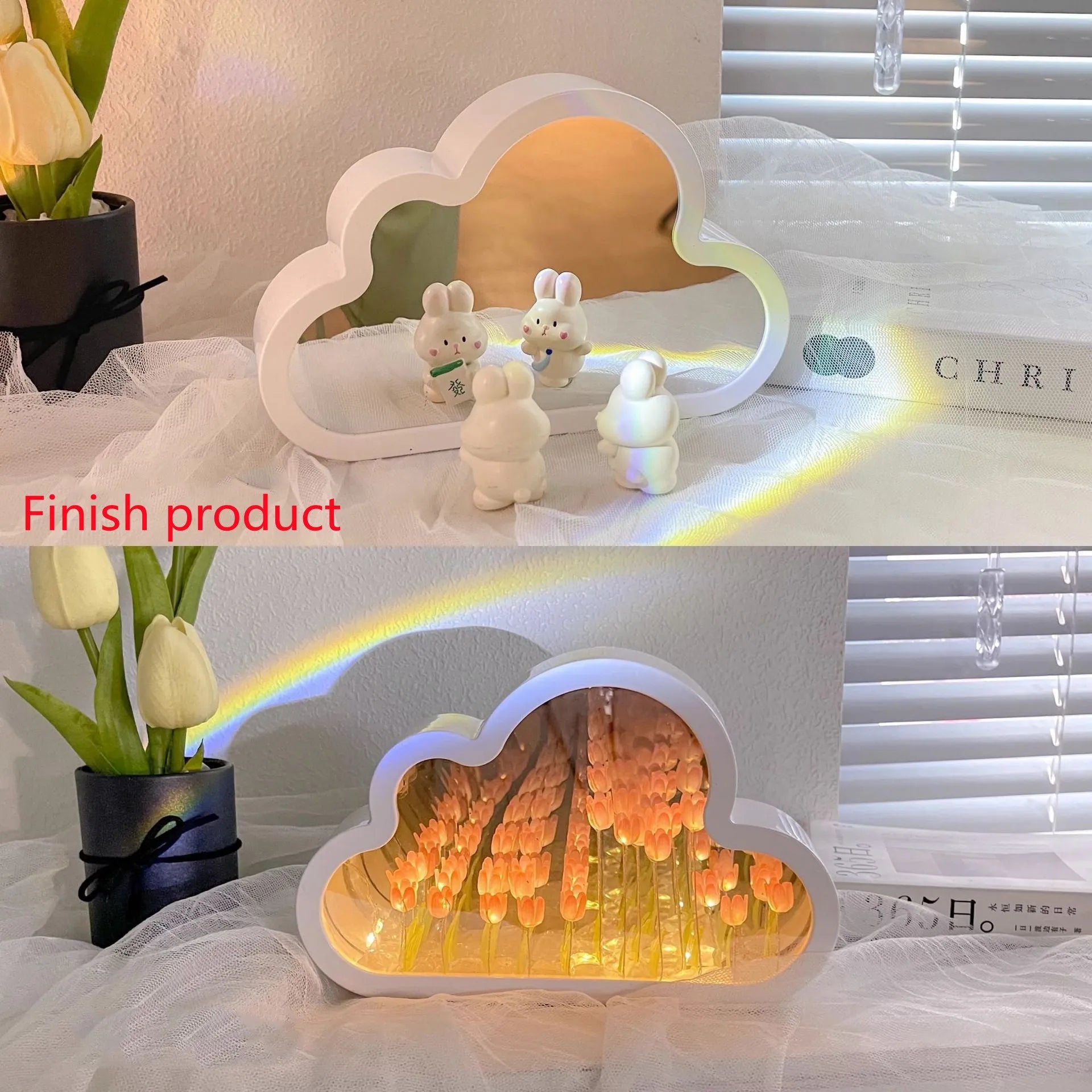 DIY cloud tulip night lamp with decorative mirror and LED light in pink, purple, blue or yellow colours