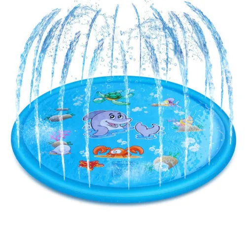 Blue children's water spray play mat with marine animal graphics on grass connected to a hose