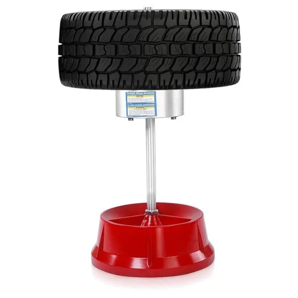 Portable aluminium hub wheel balancer with bull's eye level on a black enamel finished base.
