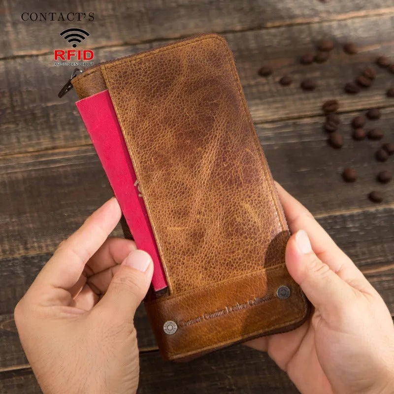 Brown genuine leather men's wallet with anti-theft card protection feature