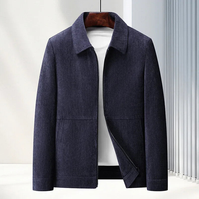 Men's black lapel collar casual slim-fit jacket coat on a hanger.
