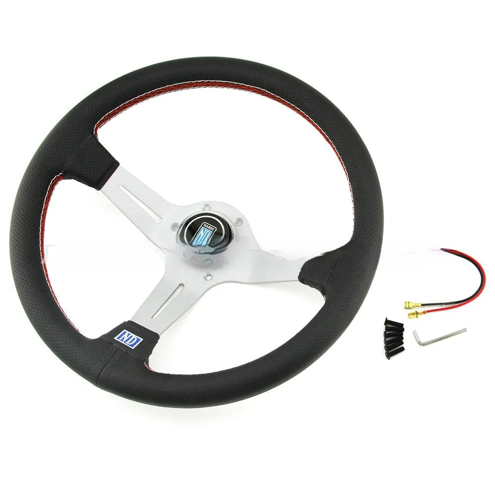 Leather 14-inch steering wheel with a concave rim profile and three-spoke design on a black background.