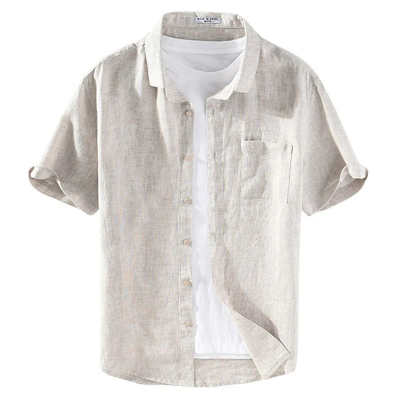 Men's square collar short sleeve linen shirt in raw jute colour, laid flat.