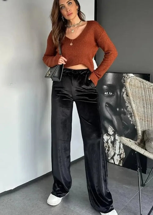 Black shiny velvet high waist straight leg casual pants with drawstring