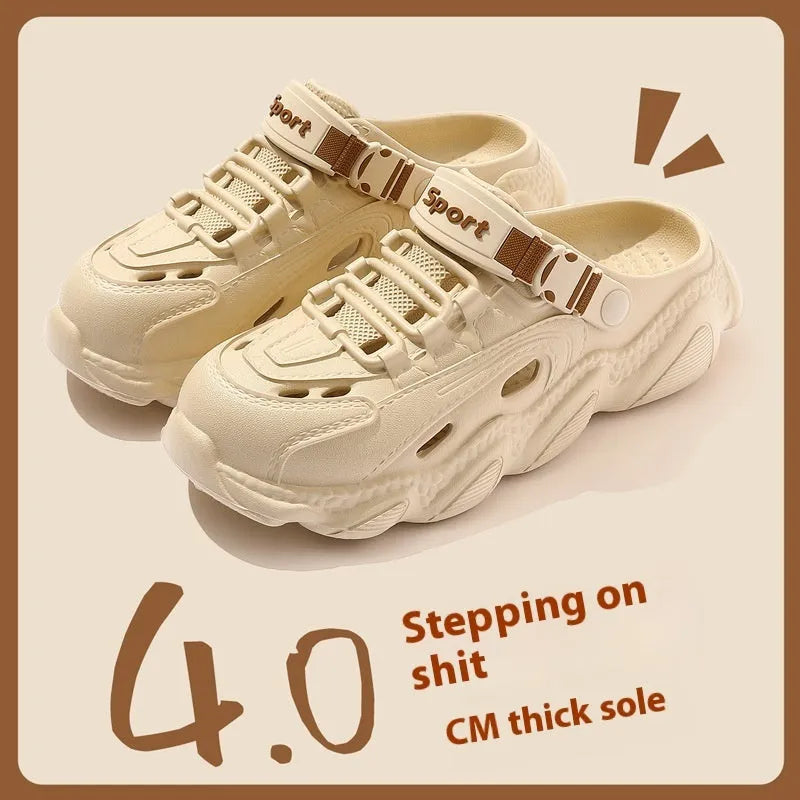 Men's khaki outdoor slippers with a hollow out design and lightweight EVA sole on a wooden deck.