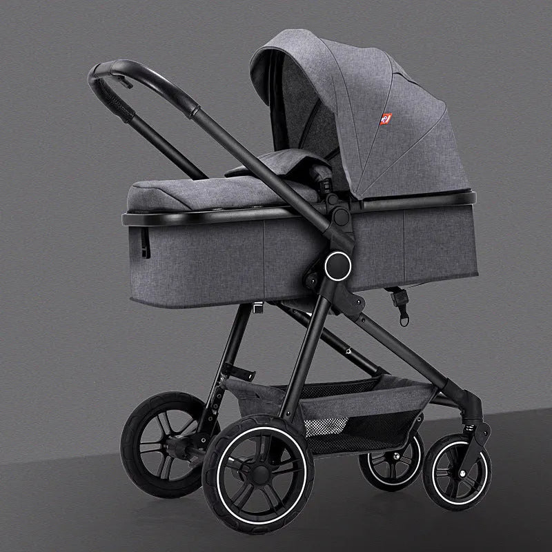 Four-wheel aluminium alloy pushchair with lie-flat high-view seat in classic black colour option