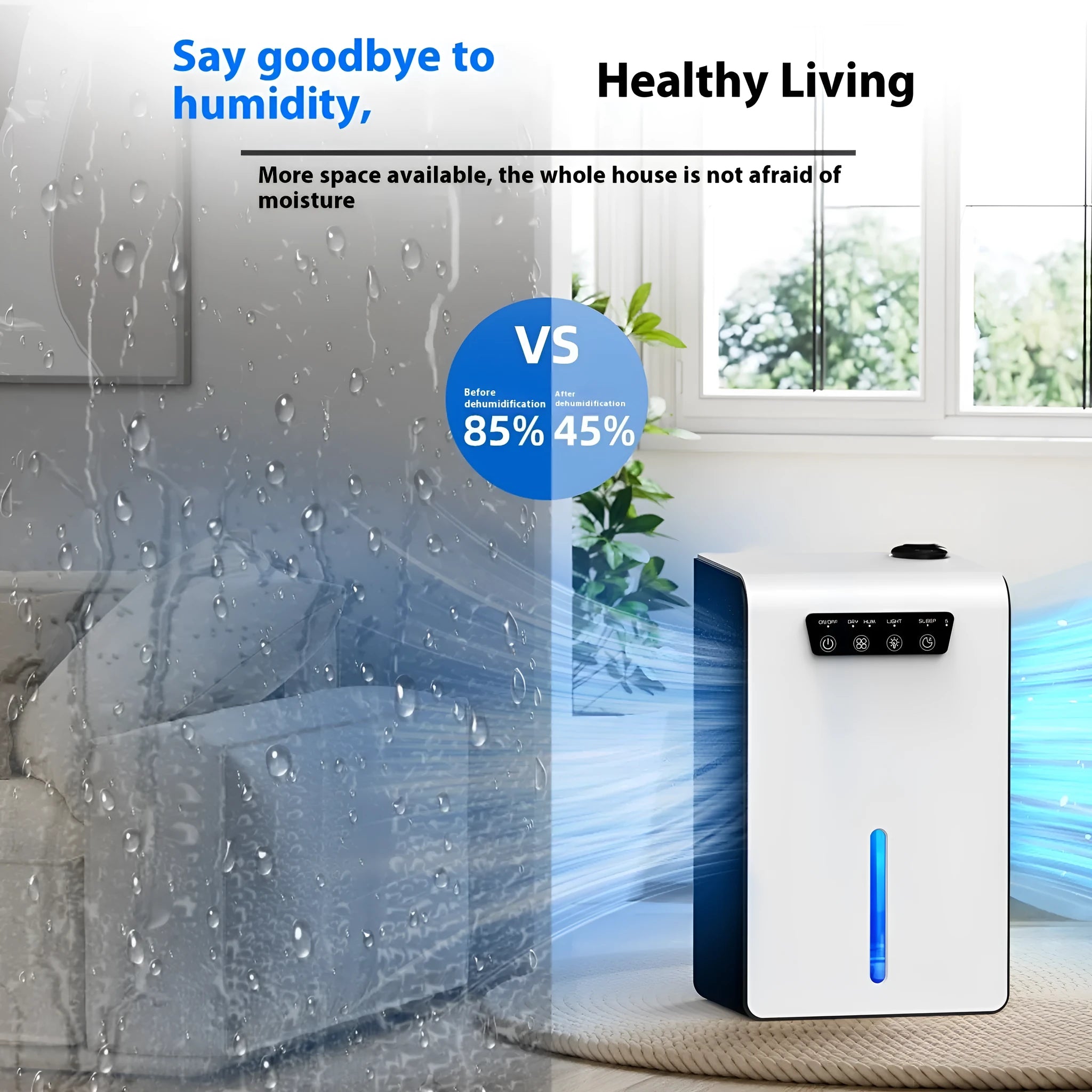 Milky white compact household dehumidifier with removable water tank for bedroom moisture control