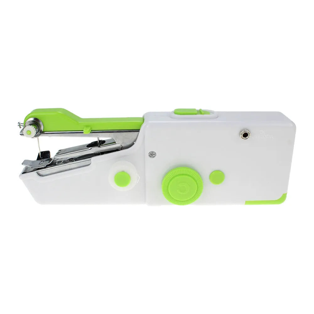 Portable mini handheld sewing machine in black with ABS alloy body, compact 20x7x3 cm size, for cordless sewing of clothes and fabrics